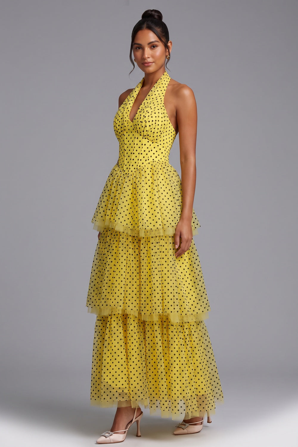 4d8b4c24f53f02d3 YELLOW POLKA DOT TIERED HALTER MAXI DRESS