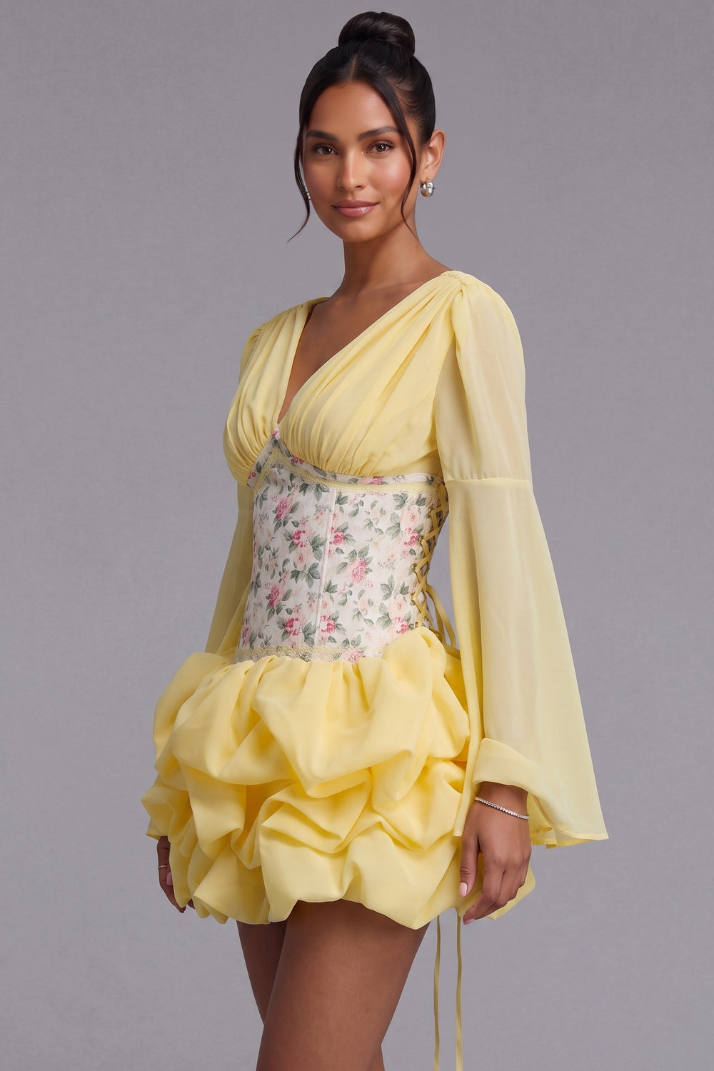 4db2982ae4cc609a PASTEL YELLOW CORSET FIT-FLARE CHIFFON MINI DRESS