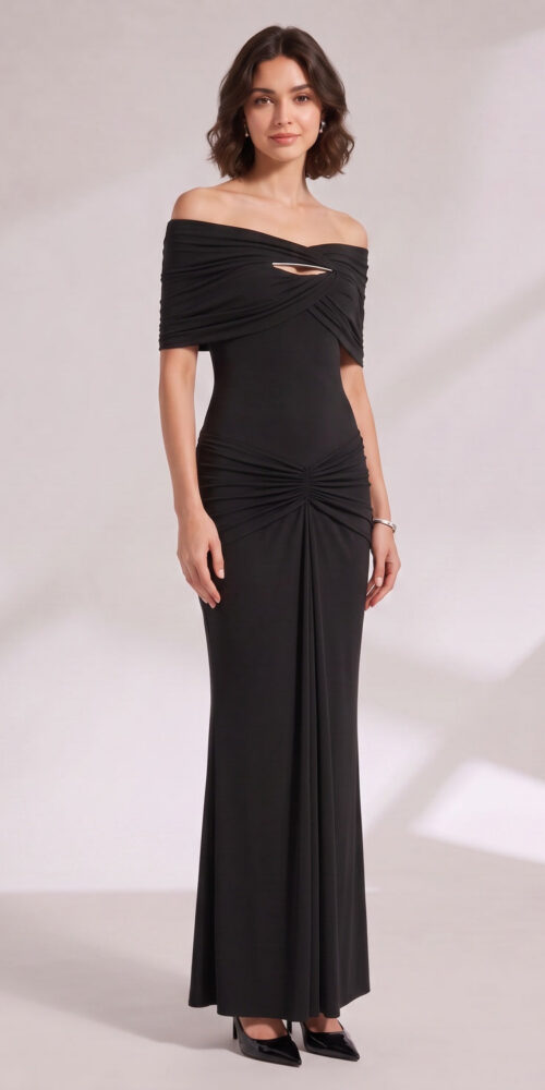 OFF-SHOULDER RUCHED BLACK MAXI GOWN EVENING
