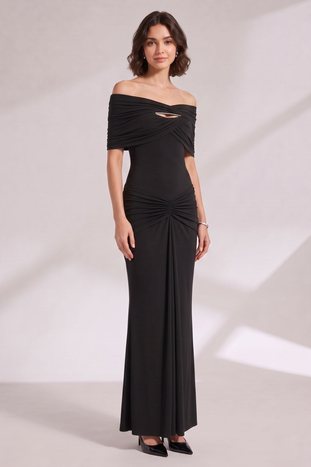 4dc3d8abd1f1a908 OFF-SHOULDER RUCHED BLACK MAXI GOWN EVENING
