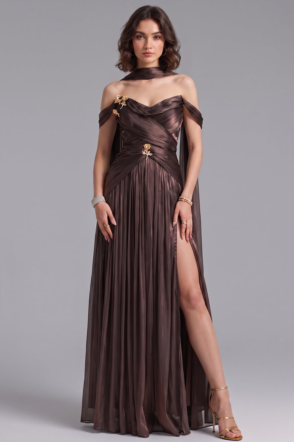 4ddd7936e0873bb7 BRONZE METALLIC DRAPED A-LINE GOWN HIGH SLIT EVENING