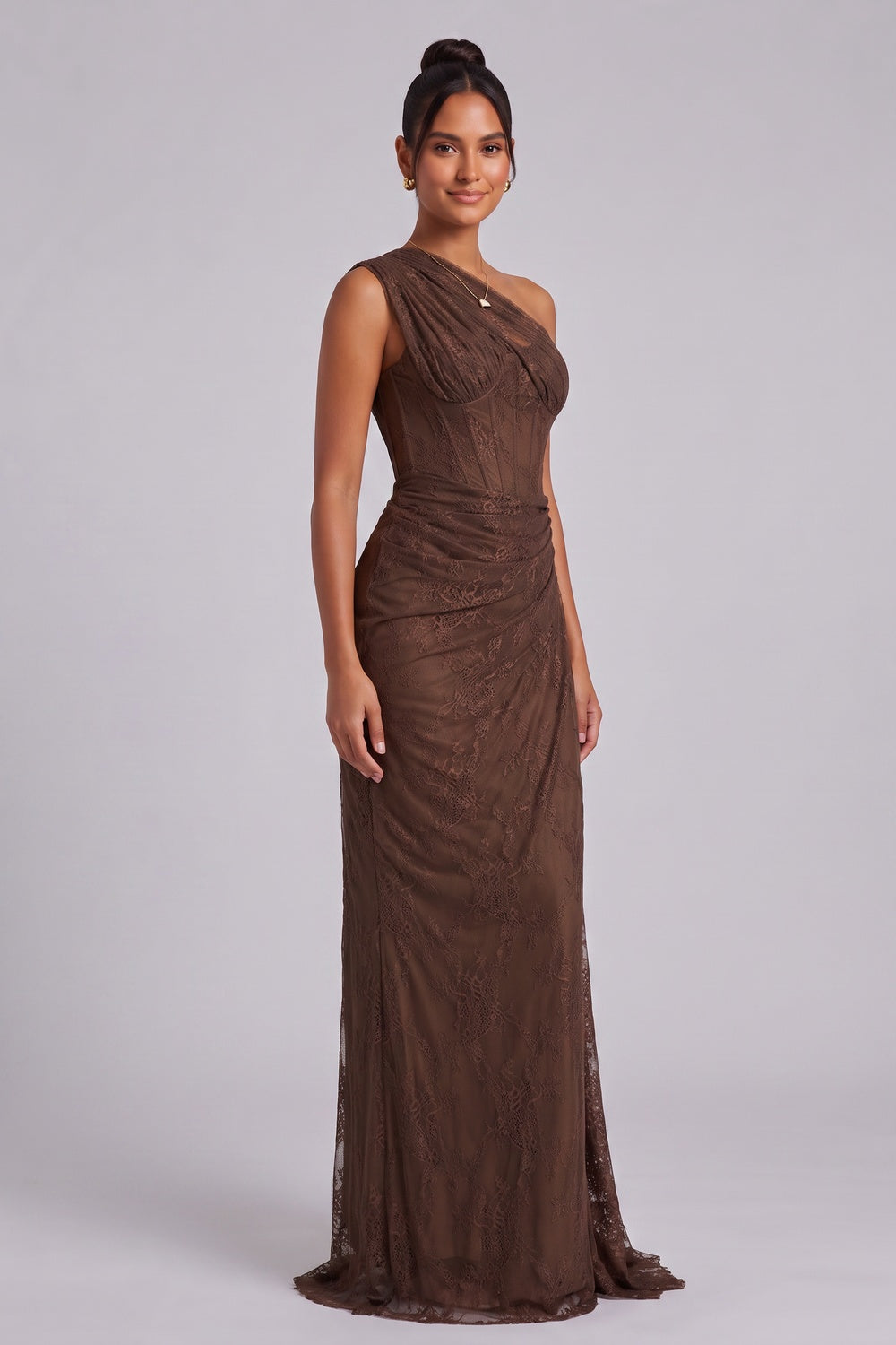 CHOCOLATE BROWN FLORAL LACE COLUMN DRESS