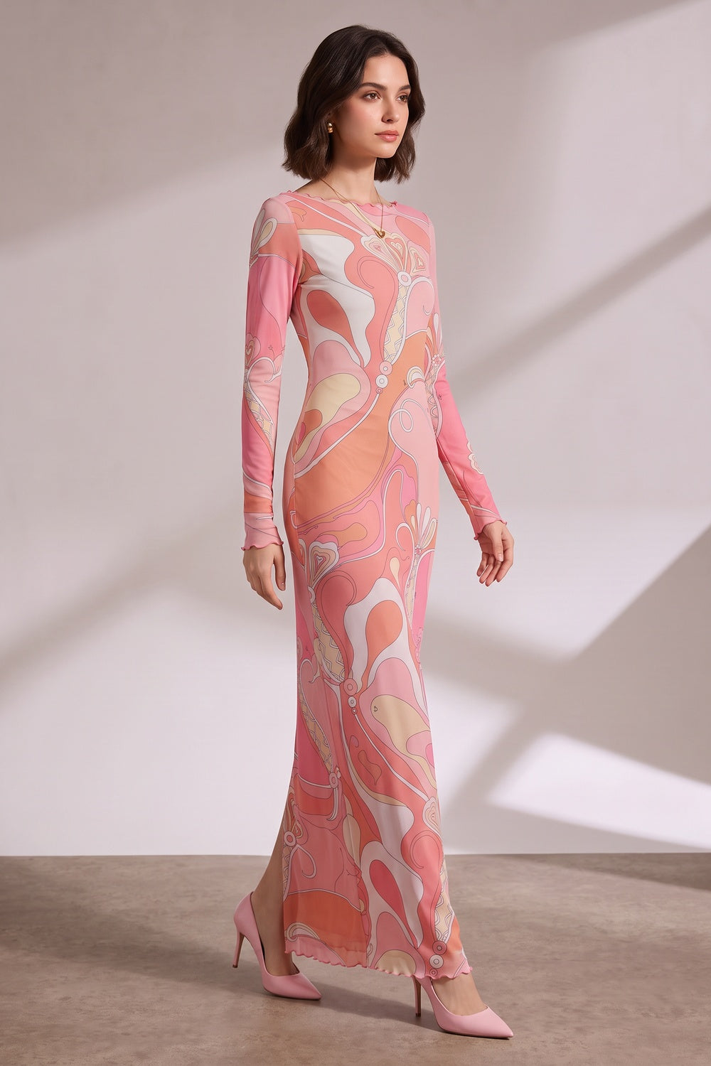 4e10c84eae5e1c93 RETRO ABSTRACT MESH MAXI DRESS, LONG-SLEEVE, EVENING