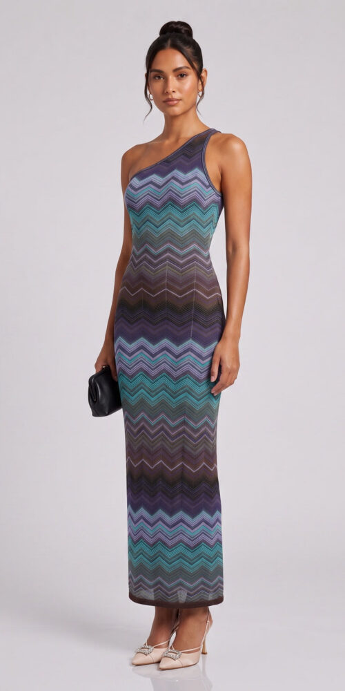 ONE-SHOULDER CHEVRON MAXI DRESS TEAL PURPLE BROWN