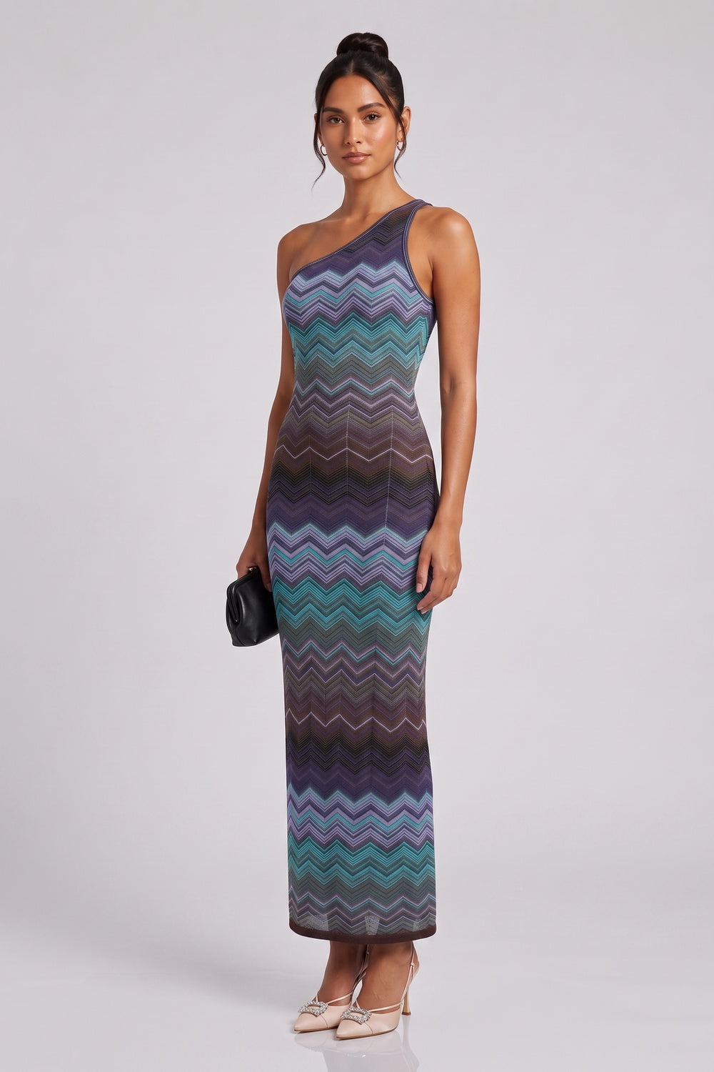 4e42870a032dc6b1 ONE-SHOULDER CHEVRON MAXI DRESS TEAL PURPLE BROWN