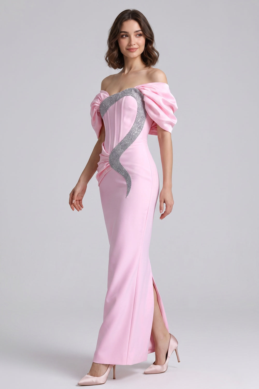 4e58a5e4d9593776 LIGHT PINK SATIN COLUMN GOWN SILVER TRIM EVENING