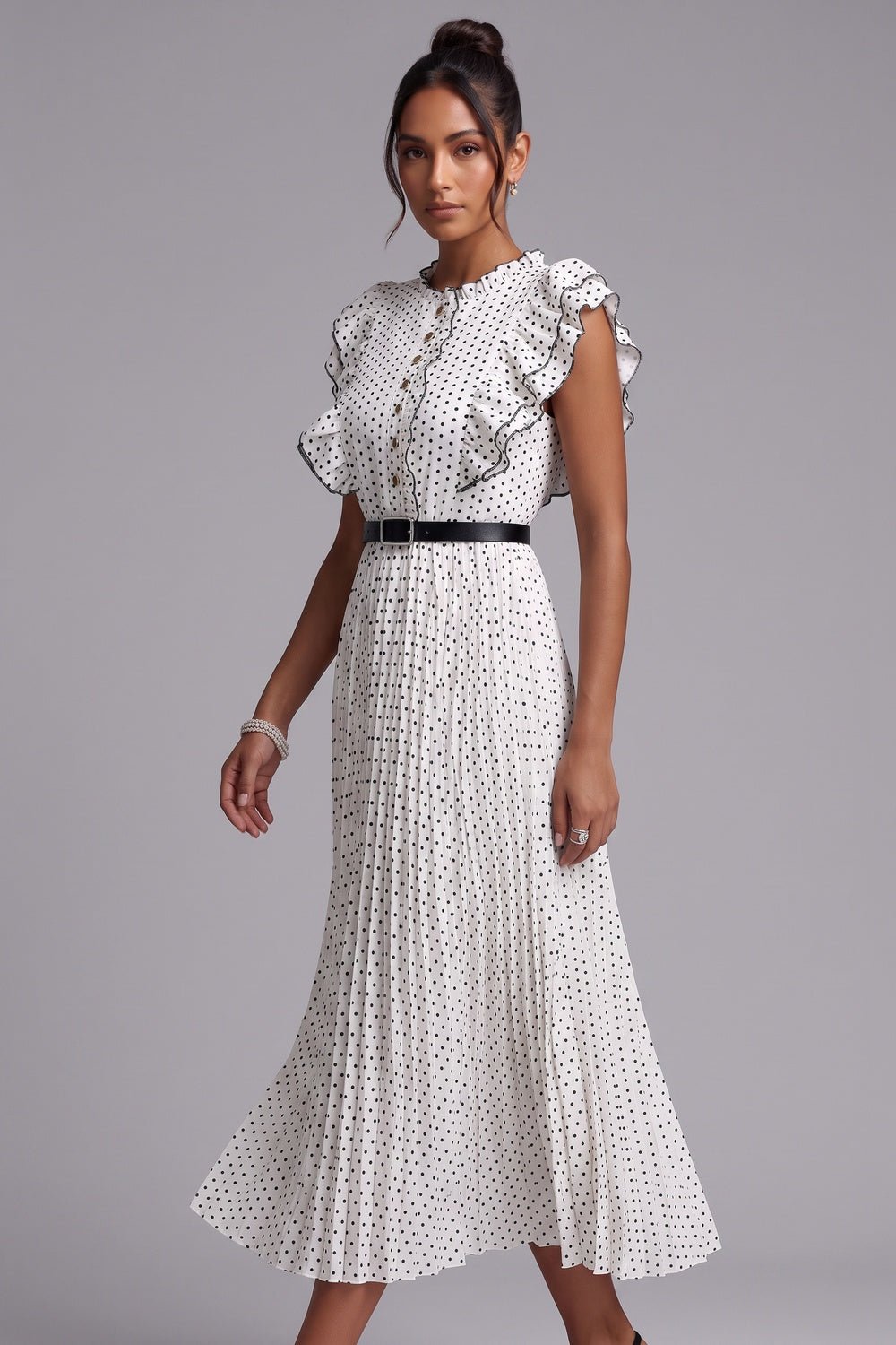 4ea44f1cbb728739 POLKA DOT RUFFLE SLEEVE MIDI DRESS FOR WEDDING GUEST