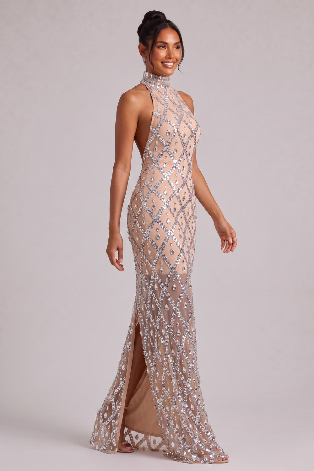 4eb176a8c49f9da0 SILVER CRYSTAL HALTER GOWN, FLOOR-LENGTH EVENING DRESS