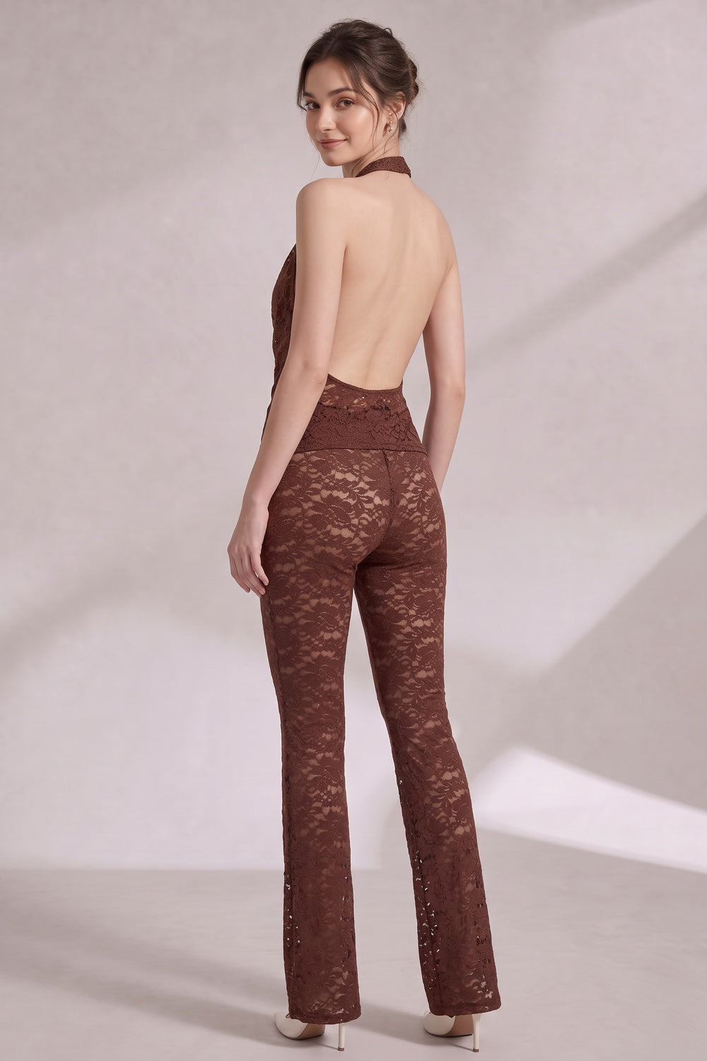4ece6e057c4acae4 CHOCOLATE BROWN LACE HALTER COWL NECK TOP & FLARED PANTS SET