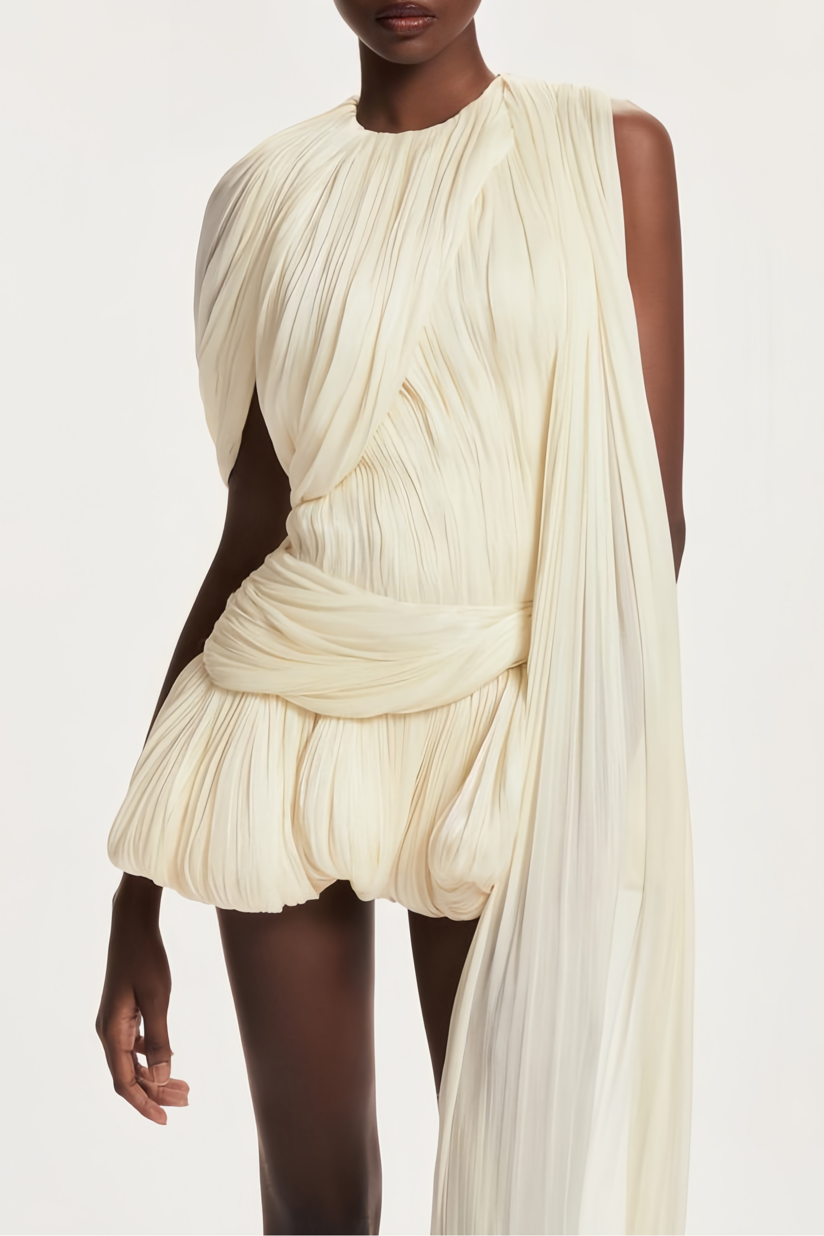 4ee0482982cfa89bb4d1cff3333a55e6_14eff349-f49c-4e16-8342-1c7ae244b8a8 CREAM PLEATED ASYMMETRICAL ONE PUFF SLEEVE WRAP WAIST BUBBLE MINI DRESS WITH LONG FLOATING SASH
