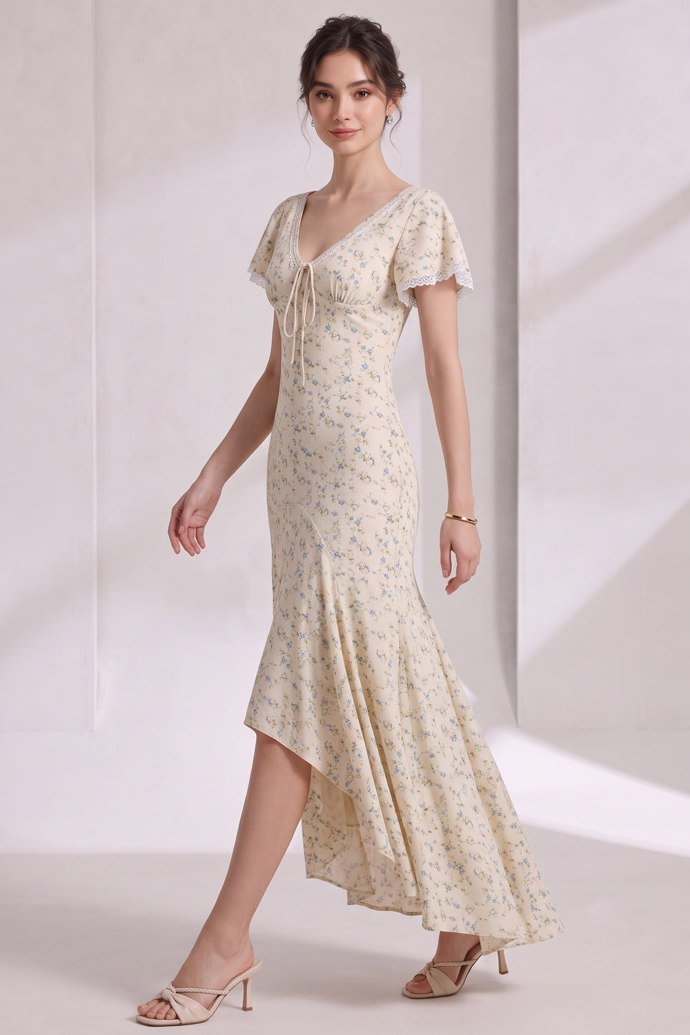 CREAM DITSY FLORAL MAXI DRESS FITTED BODICE FLARED SKIRT