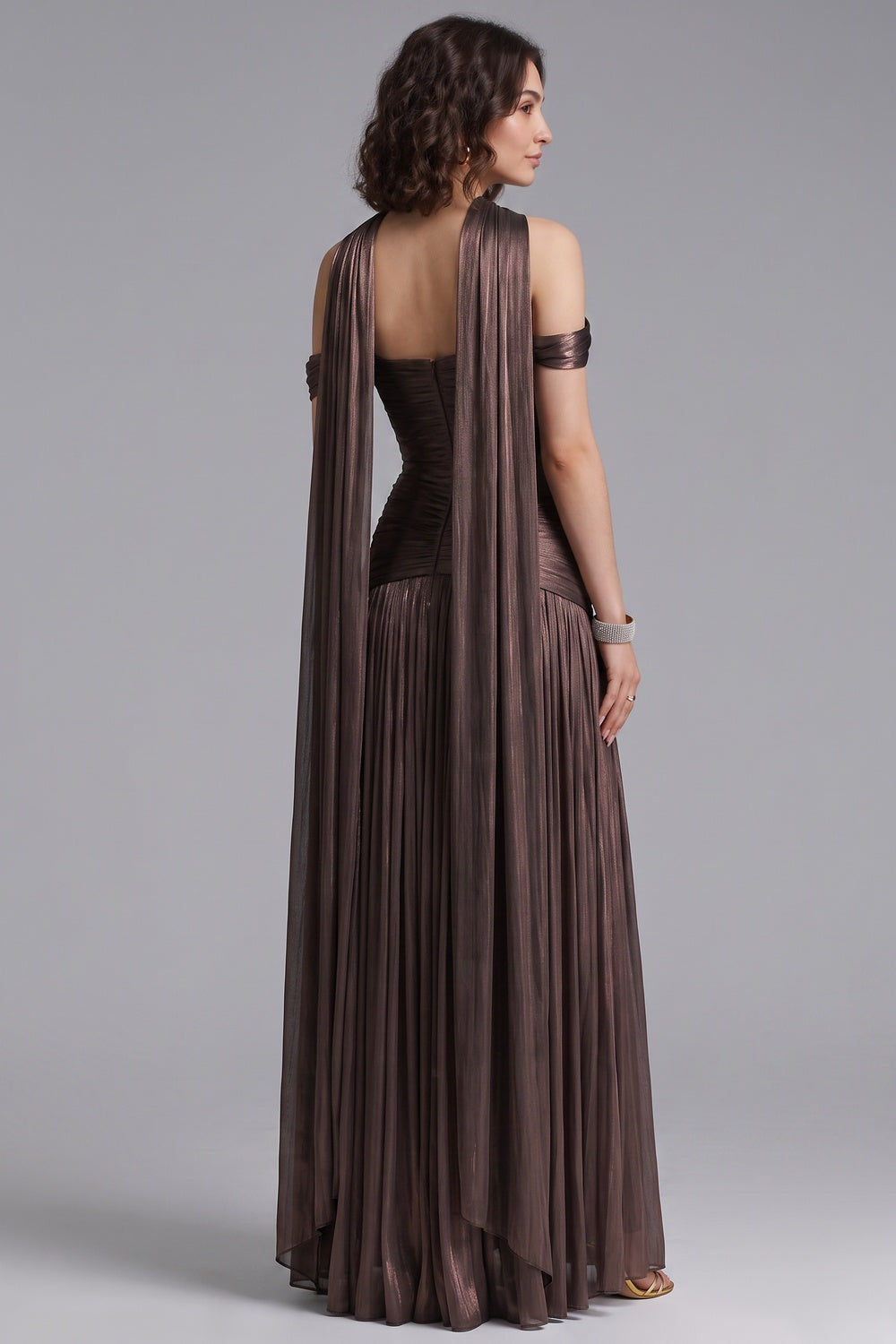4f289fb7c2659bc9 BRONZE METALLIC DRAPED A-LINE GOWN HIGH SLIT EVENING