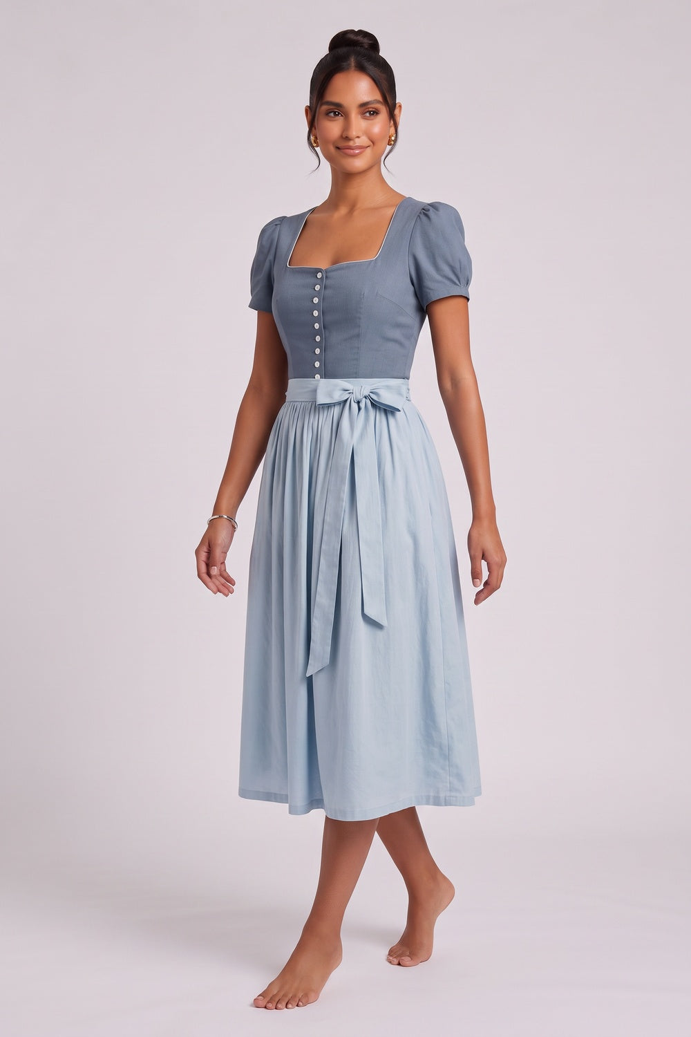 4f539d510cc036de SLATE BLUE COTTON-LINEN A-LINE DIRNDL DRESS