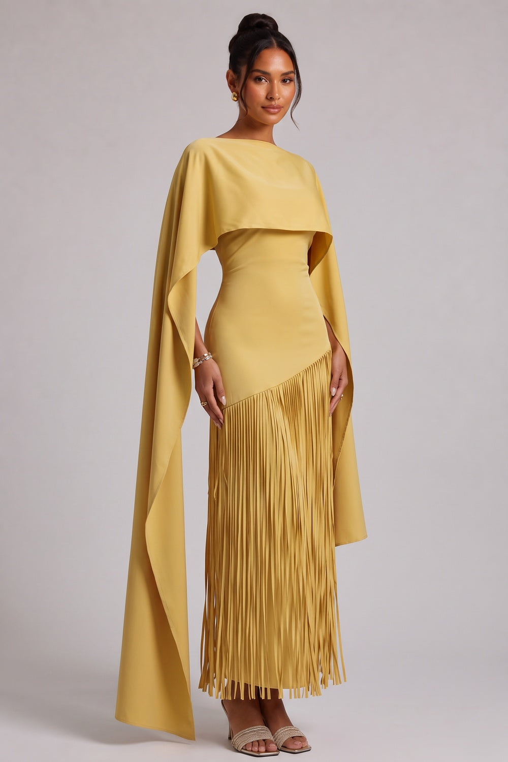 4f5c81f646457a43 YELLOW FRINGE CAPE MAXI DRESS FOR EVENTS