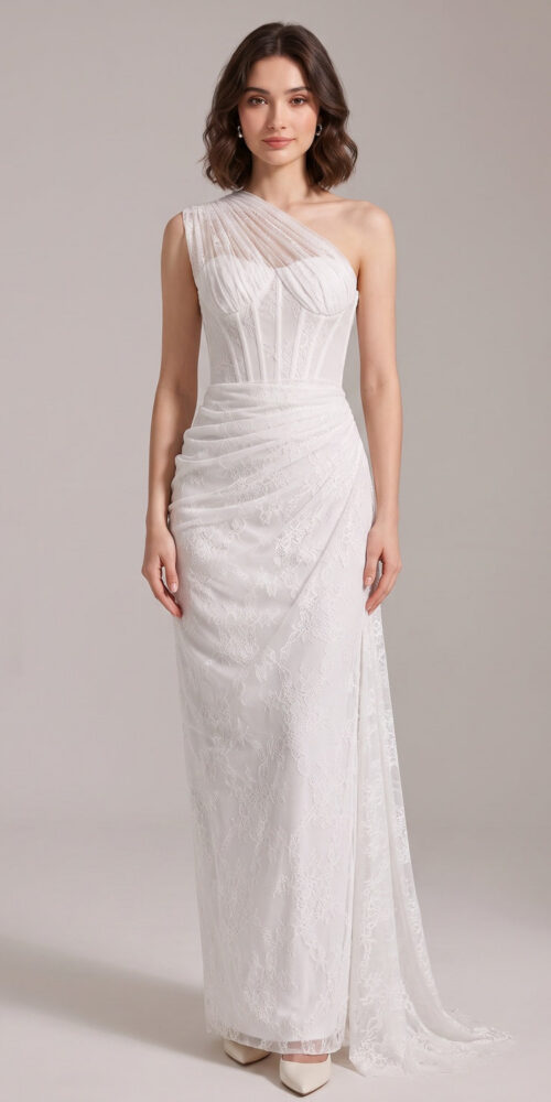 WHITE LACE ONE-SHOULDER COLUMN GOWN