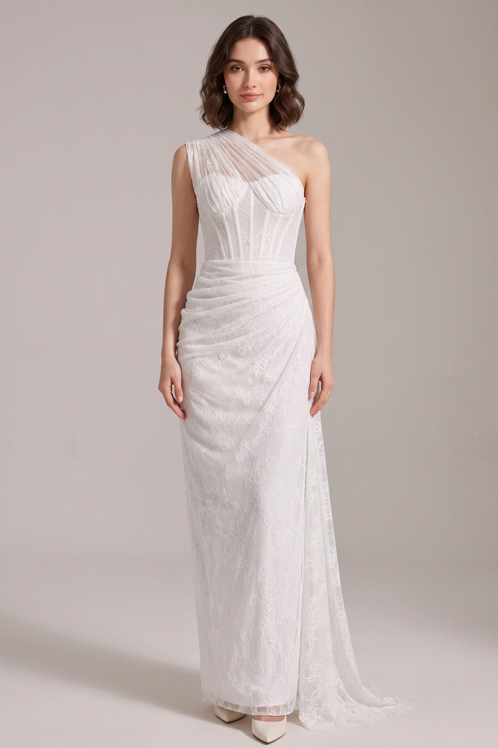 4f976392616d0bea WHITE LACE ONE-SHOULDER COLUMN GOWN