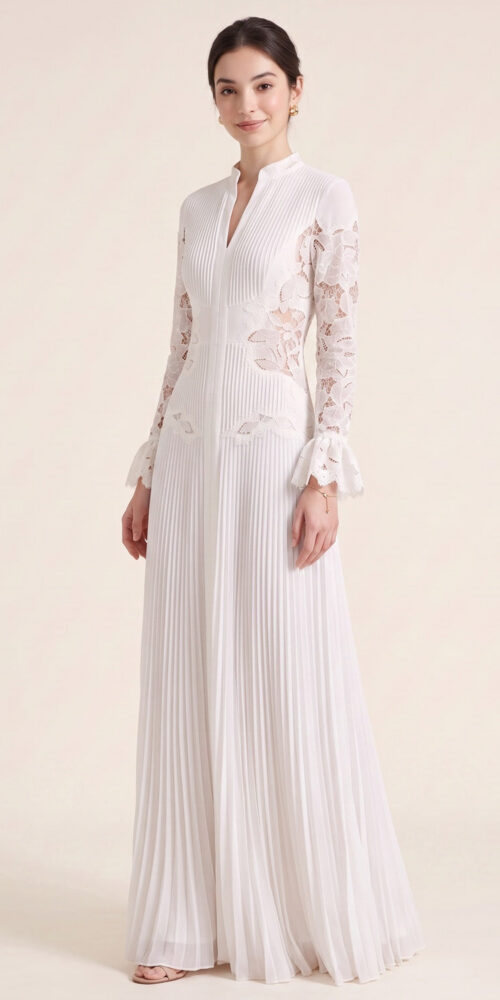 4f98e5d504e5219b WHITE PLEATED GEORGETTE A-LINE LACE GOWN FOR WEDDING GUEST