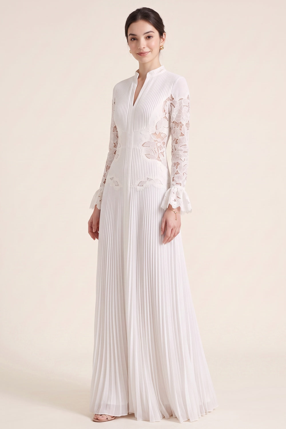 WHITE PLEATED GEORGETTE A-LINE LACE GOWN FOR WEDDING GUEST