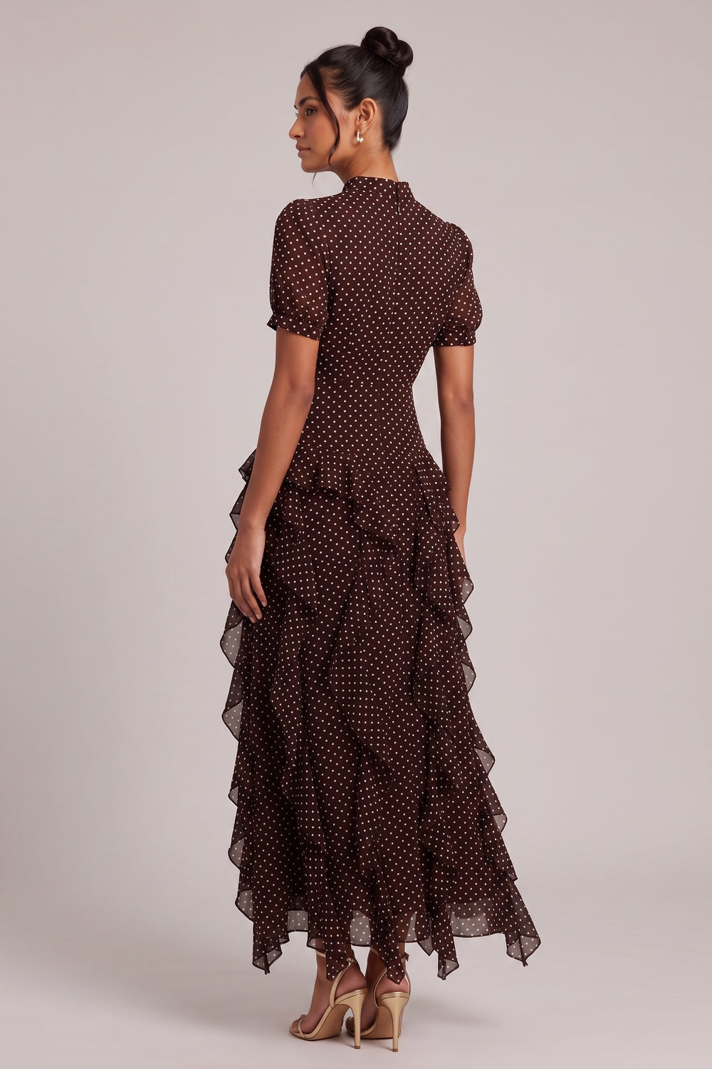 4fb7d4d851cea7ef BROWN POLKA DOT TIERED RUFFLE MIDI DRESS