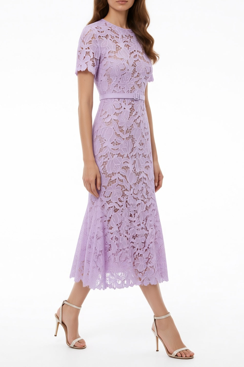 LILAC LACE MIDI DRESS | SHORT SLEEVE FLORAL WEDDING GUEST