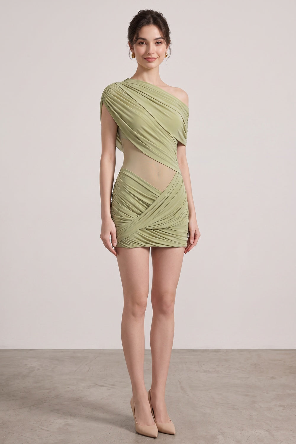 501a8c82e3d8c067 SAGE GREEN ASYMMETRIC DRAPED COCKTAIL MINI DRESS
