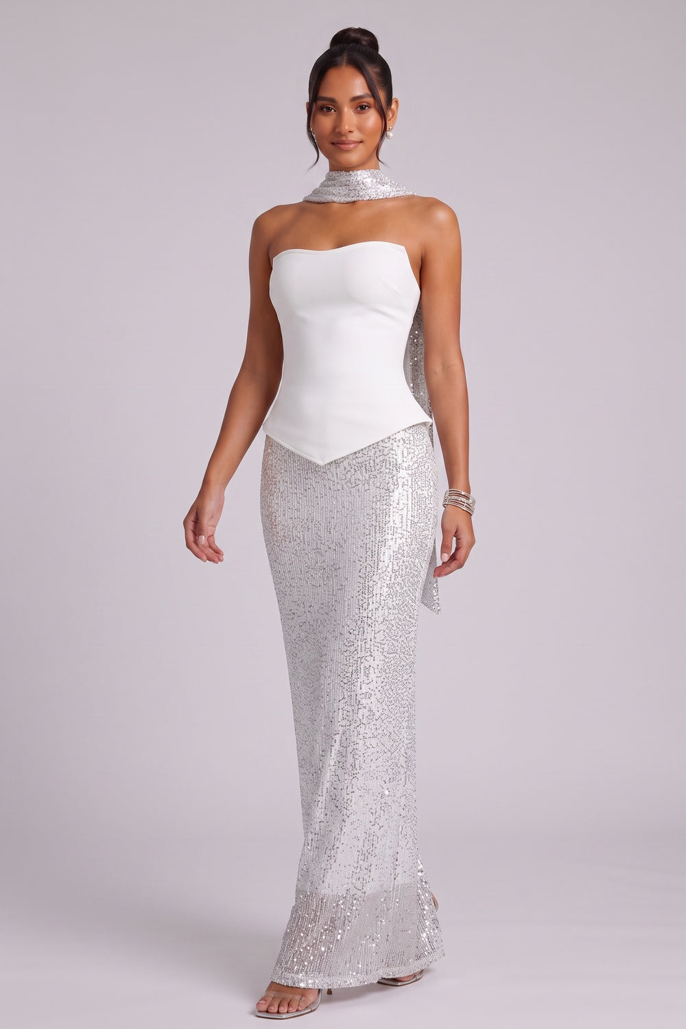 50212516f17db931 WHITE STRAPLESS SEQUIN GOWN SILVER SCARF COCKTAIL
