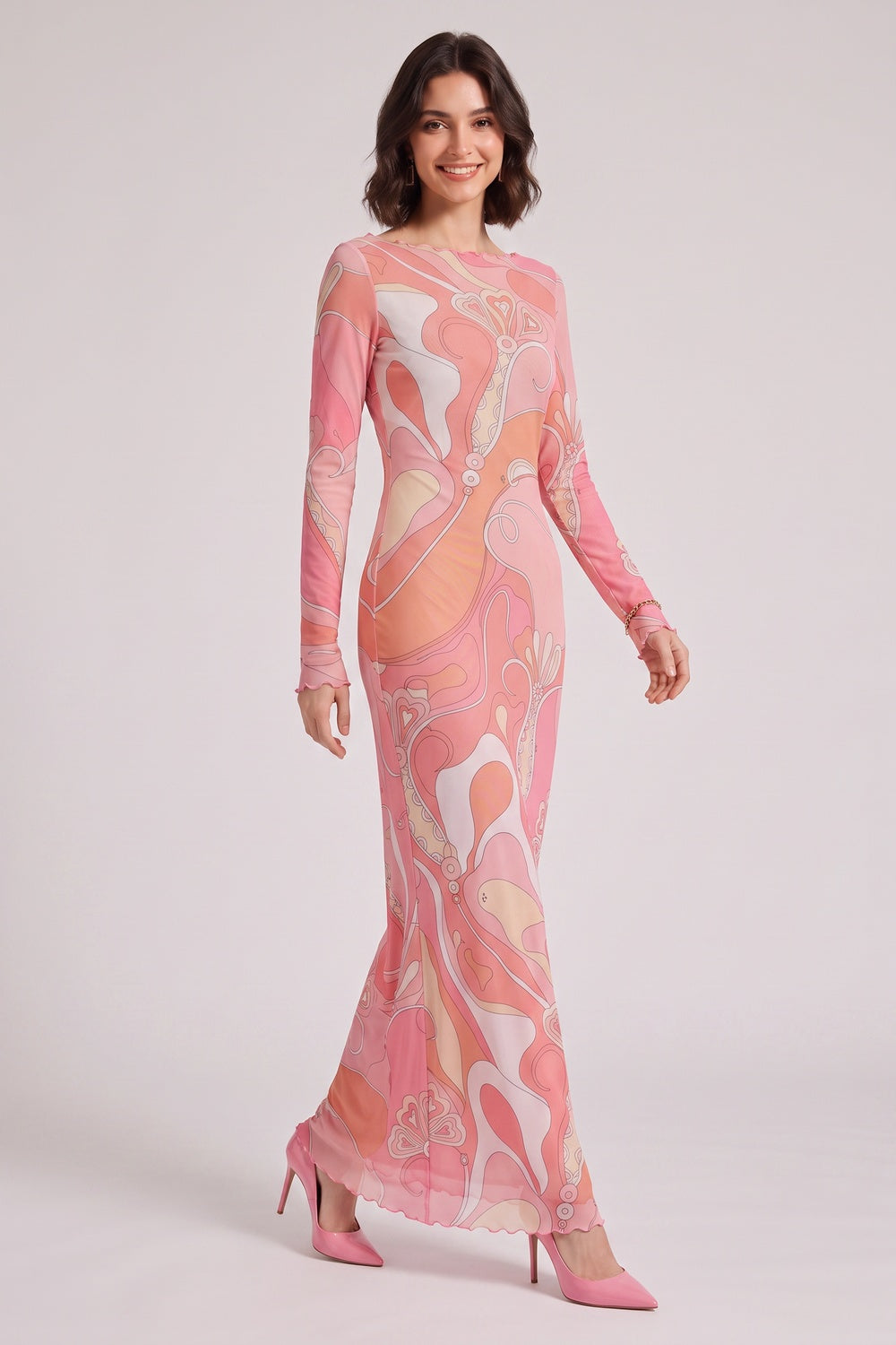 502db68e310879c6 PINK ABSTRACT RUFFLE TRIM LONG SLEEVE MAXI DRESS