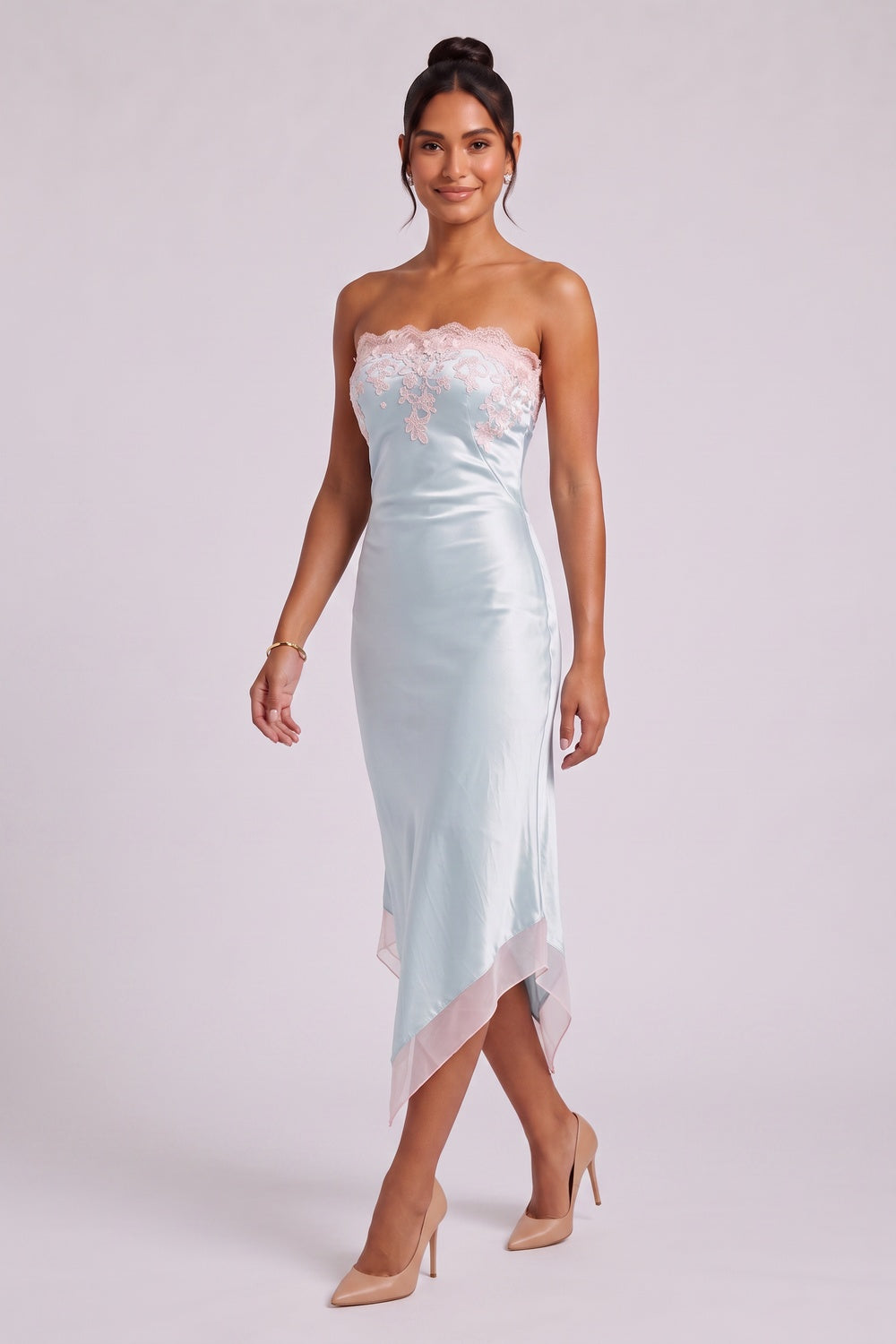 50372c5987f4b08f PALE BLUE SATIN SHEATH DRESS PINK LACE TRIM COCKTAIL
