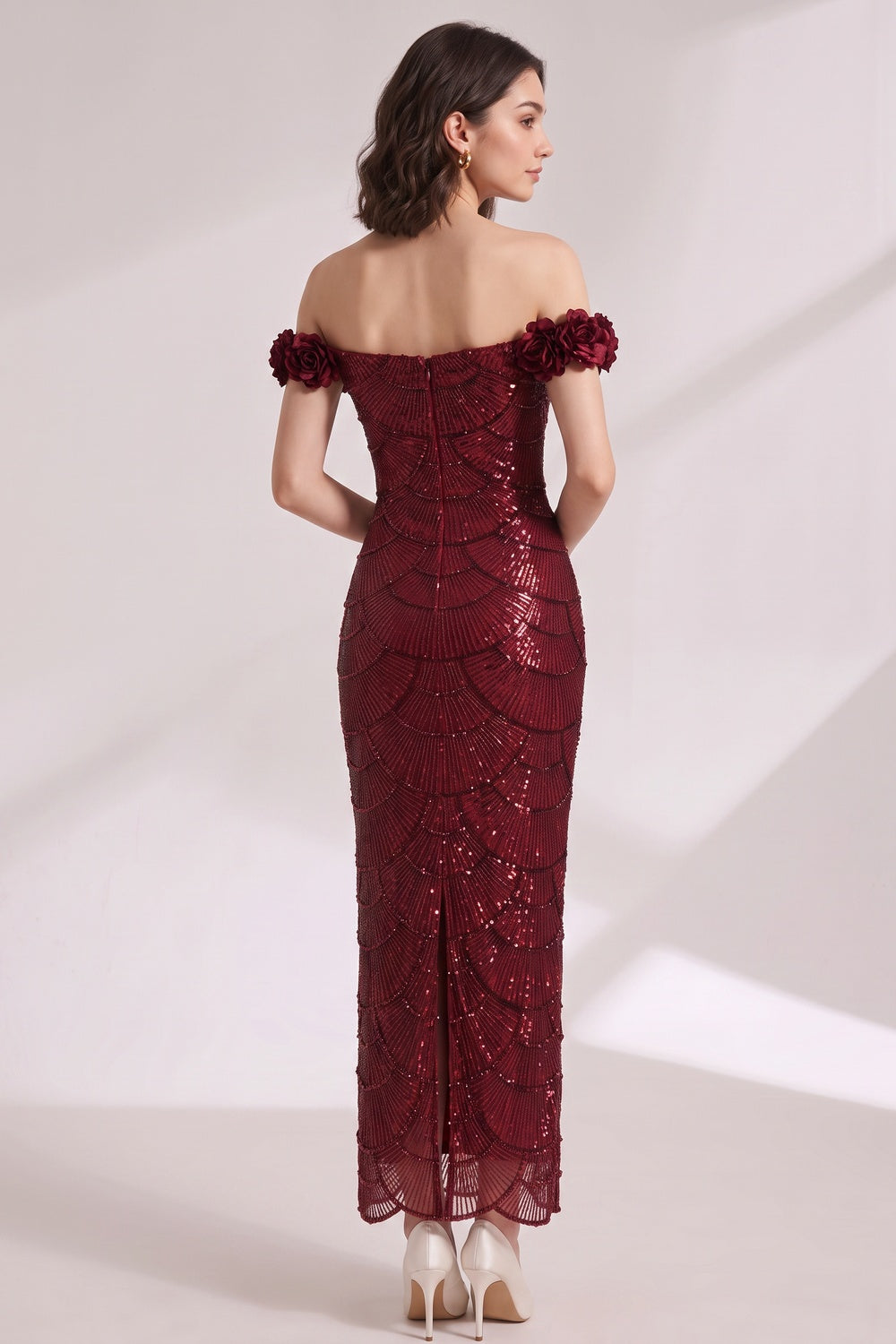 BURGUNDY SEQUIN MESH COLUMN GOWN
