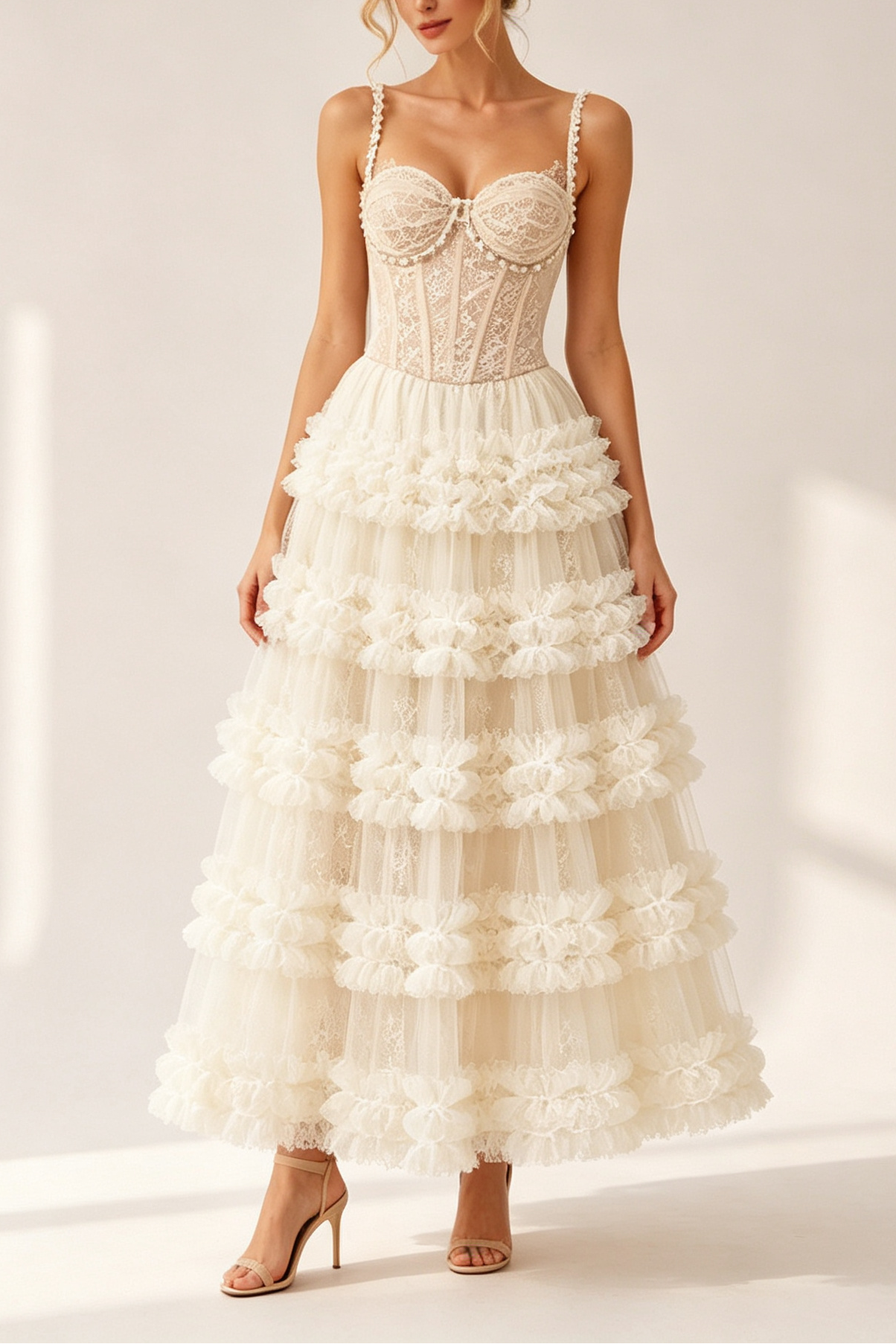 50_c4570878-737b-4156-a4db-cd9af458cbf7 NUDE PEARL SWEETHEART CORSET TOP & RUFFLE HIGH LOW TULLE SKIRT SET