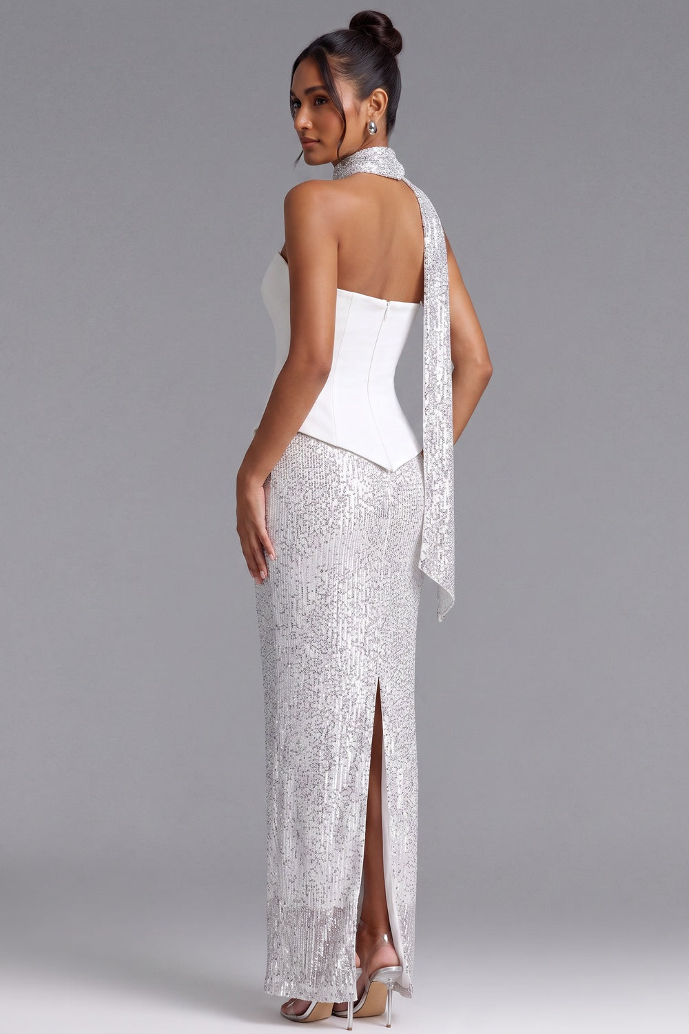 50ad0bafb148e7b6 WHITE STRAPLESS SEQUIN GOWN SILVER SCARF COCKTAIL