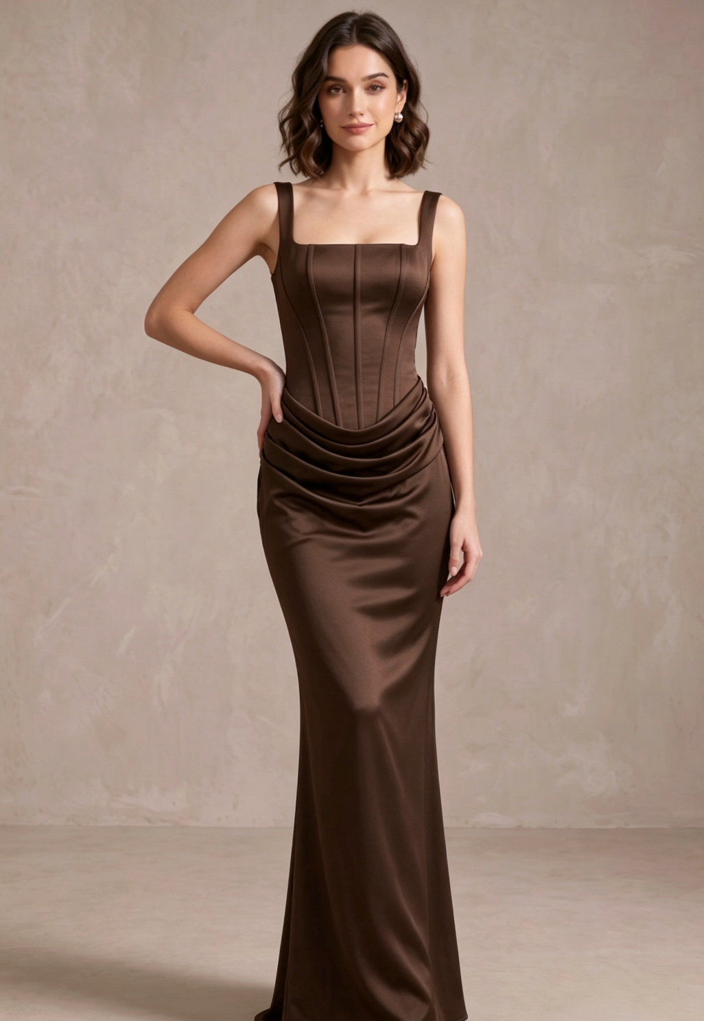 50fa81176d43accacb95ca17c02c9f06 DARK BROWN SATIN COLUMN GOWN DRAPED HIP EVENING WEAR