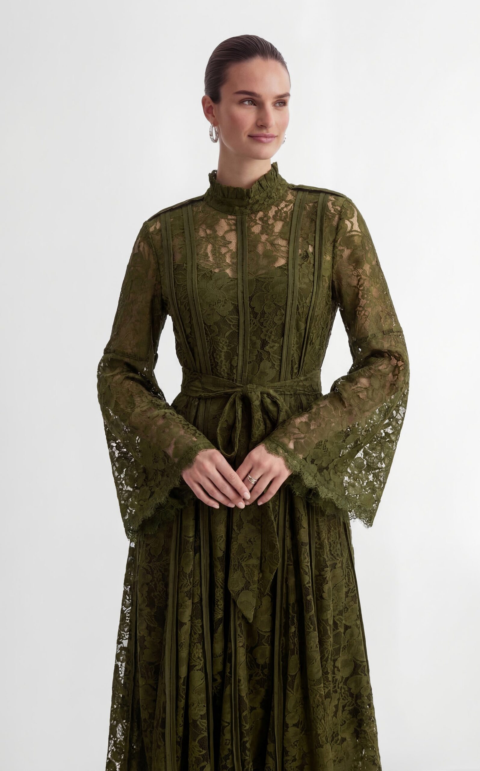 51-3 OLIVE FLORAL LACE HIGH NECK BELL SLEEVE MAXI DRESS