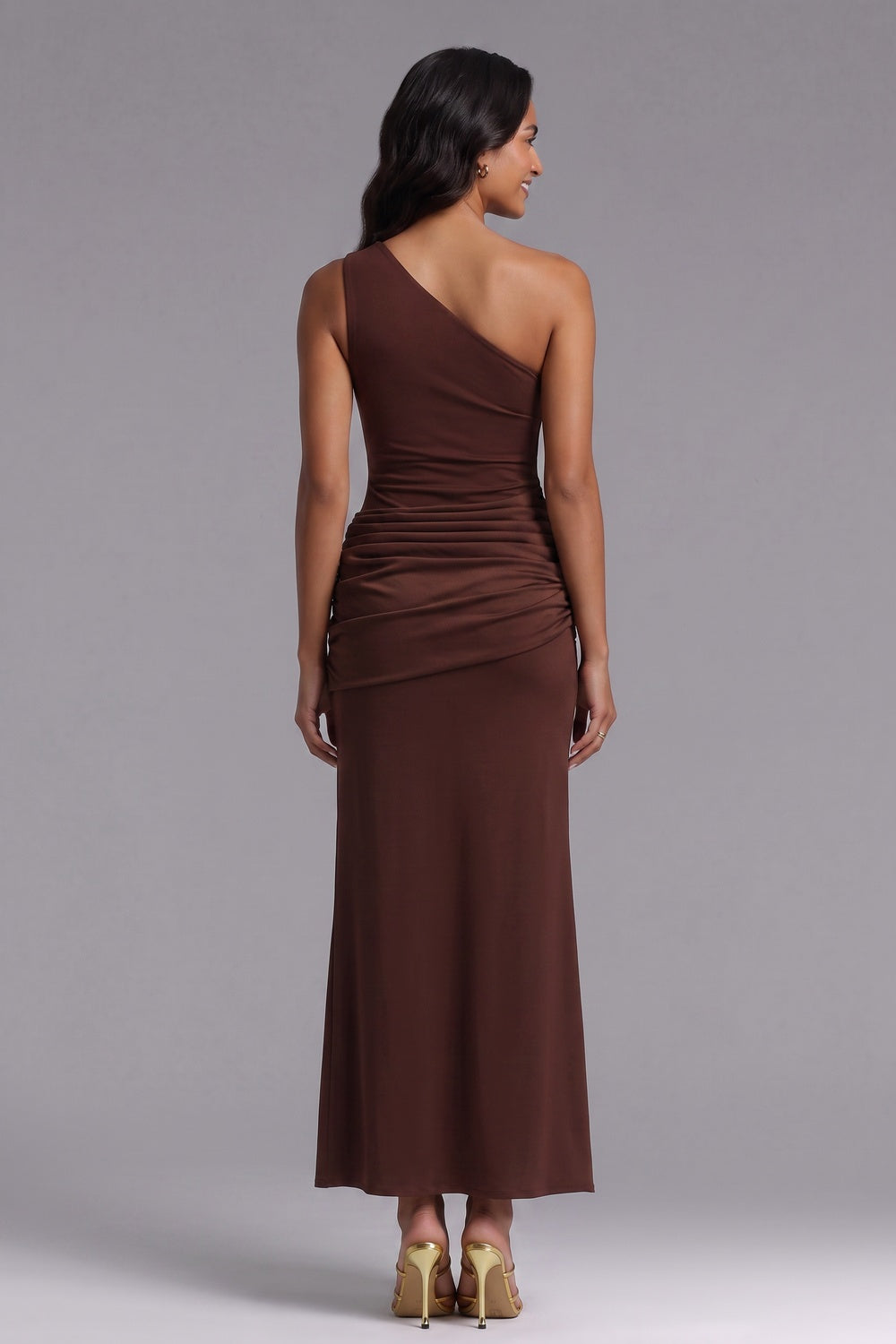 5113747356094f02 ONE-SHOULDER CHOCOLATE MAXI DRESS, STRETCH JERSEY