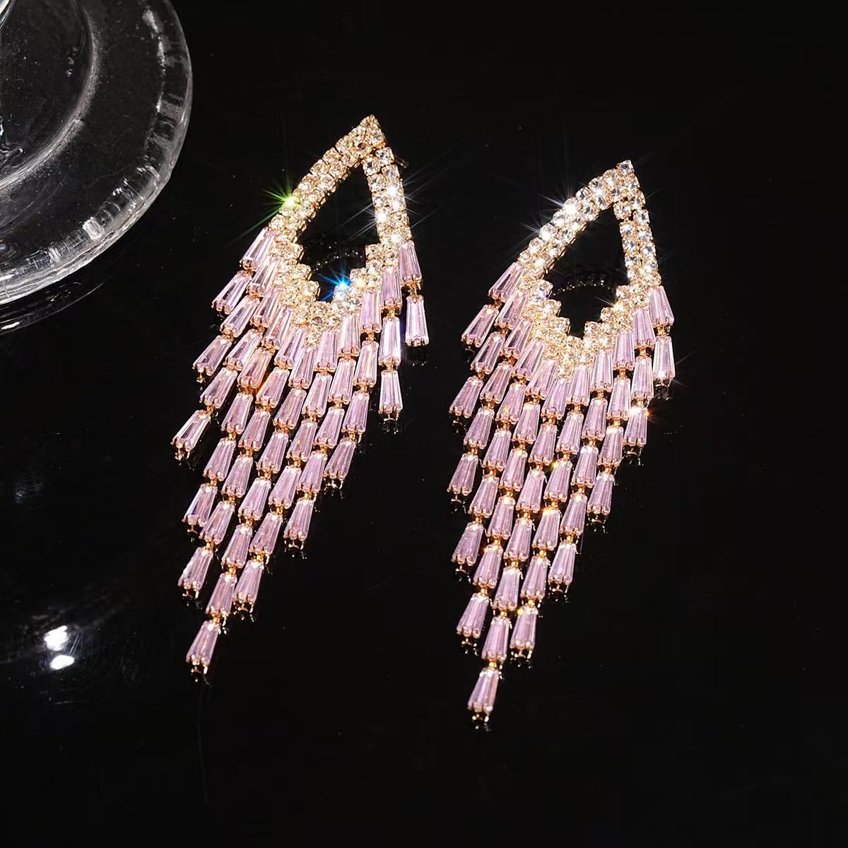 5137dd57175a5e04693755c38ea53f97 AQUA BAGUETTE CRYSTAL TEARDROP TASSEL EARRINGS