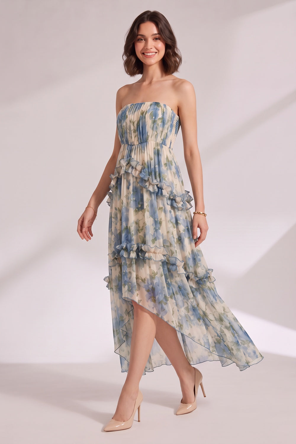5143b70cf4540a38 BLUE FLORAL STRAPLESS TIERED MIDI DRESS
