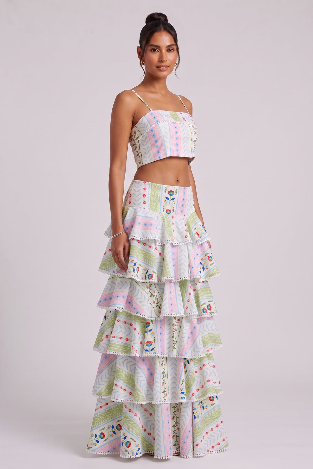 514b2c6fd3644ddf TWO-PIECE SET | TIERED MAXI SKIRT | POM-POM TRIM