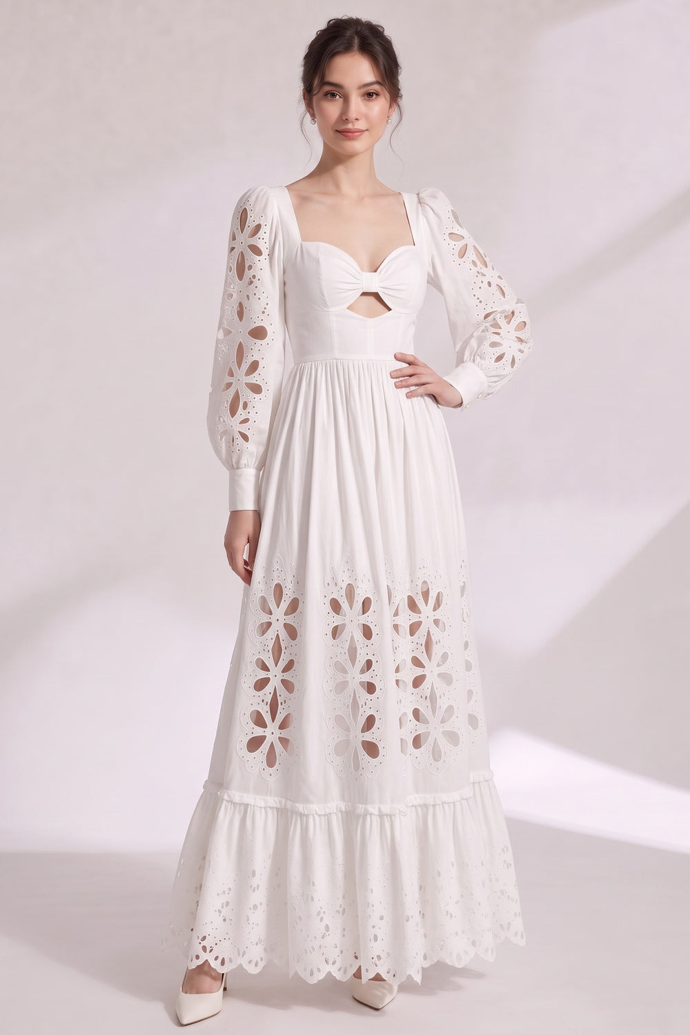 WHITE EYElet A-LINE MAXI DRESS COTTON POPLIN