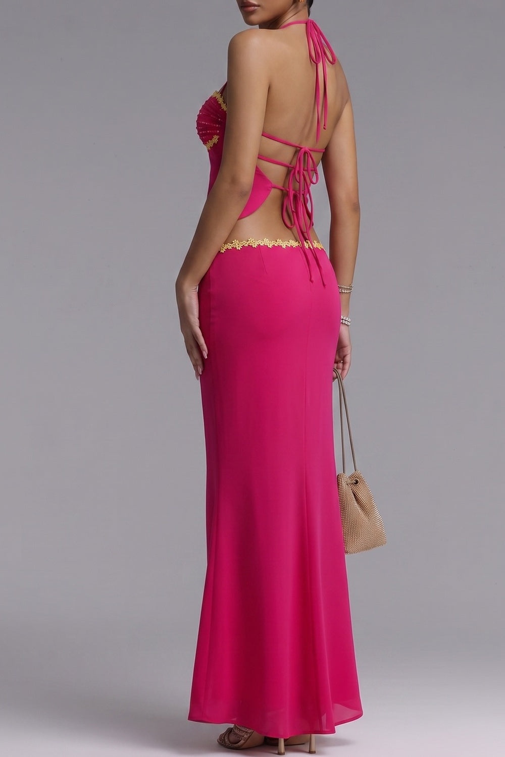 HOT PINK BEADED HALTER TOP & MERMAID MAXI SKIRT SET