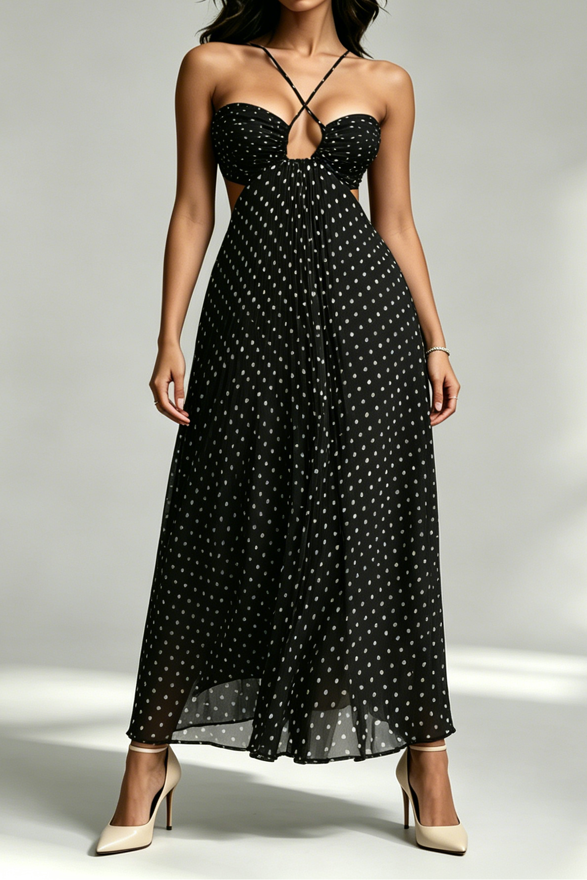 51_82577358-e00a-48ed-be98-fc1817d32b80 BLACK WHITE POLKA DOT CRISSCROSS STRAPPY CUTOUT PLEATED MIDI DRESS