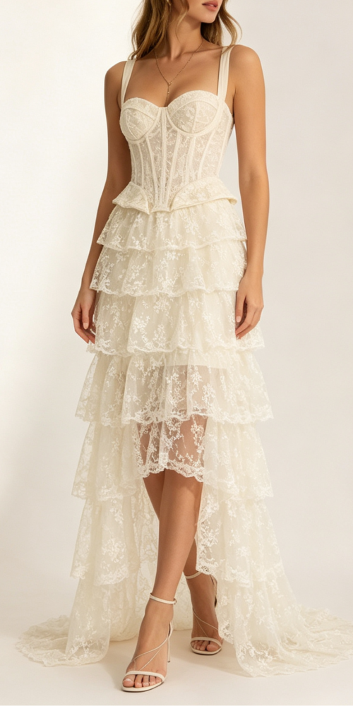 51_aa7ea197-10d9-4158-b602-7d7b872f19dd IVORY LACE CORSET PEPLUM TOP & HIGH LOW SKIRT SET