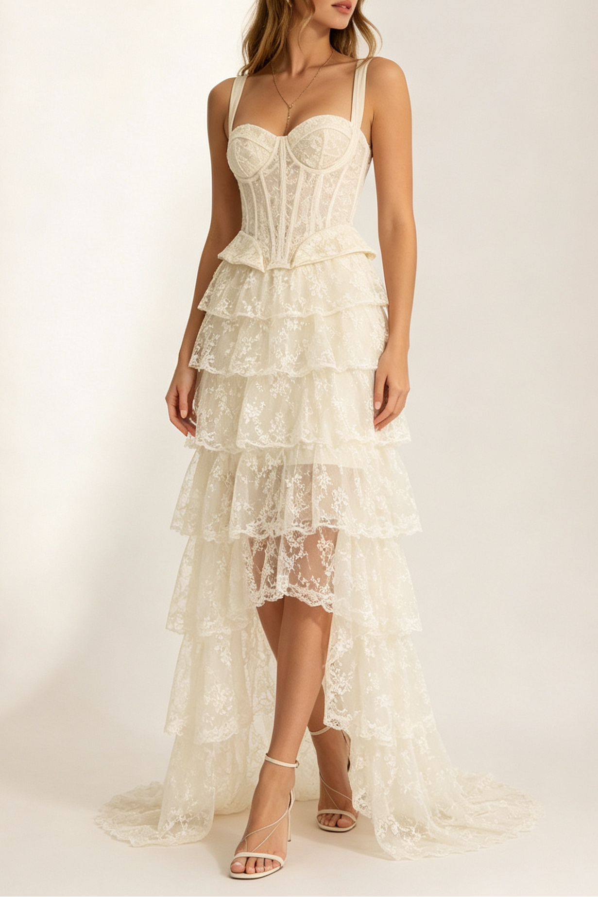 51_aa7ea197-10d9-4158-b602-7d7b872f19dd IVORY LACE CORSET PEPLUM TOP & HIGH LOW SKIRT SET