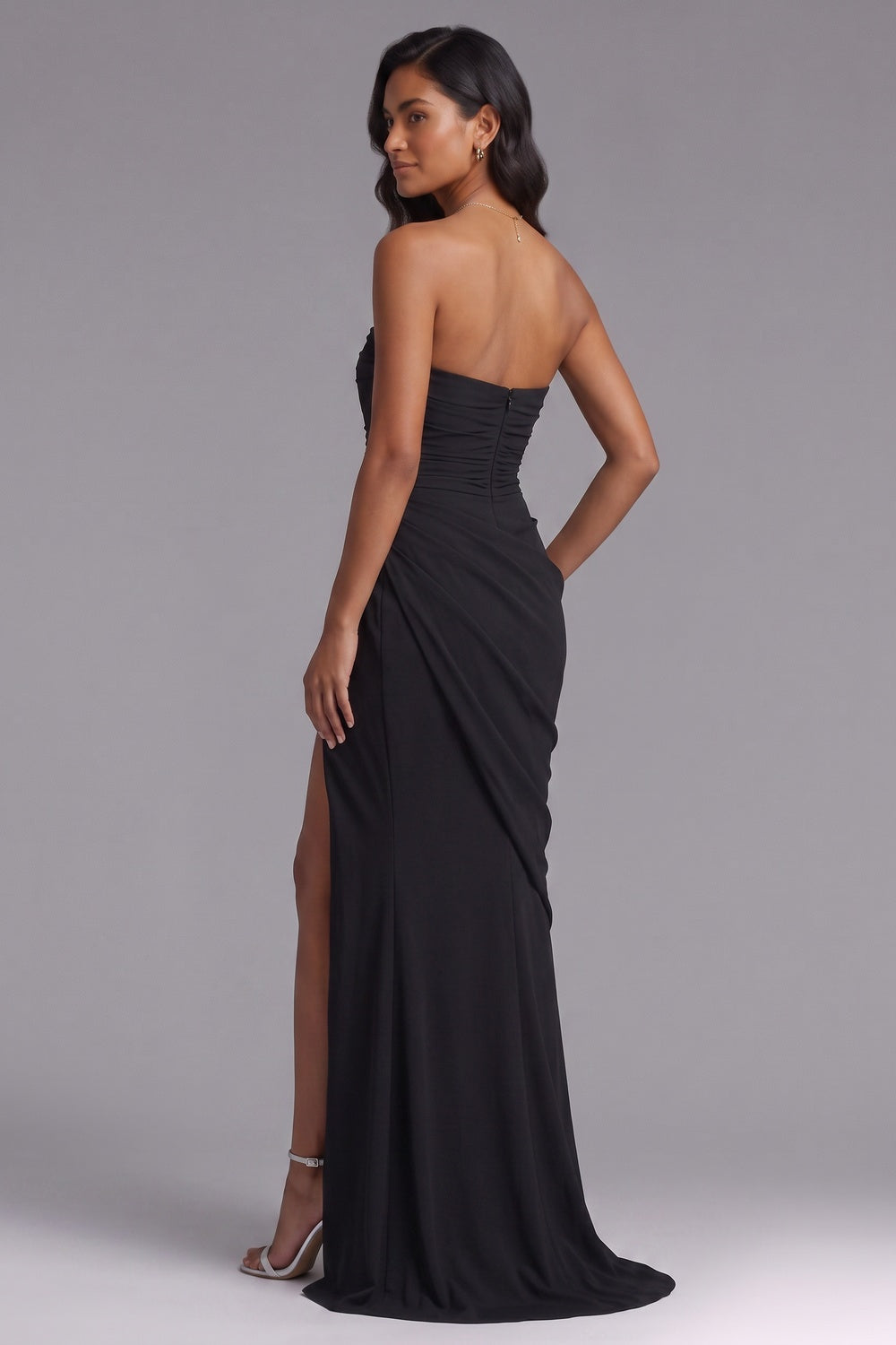 51aa6e399c0932e9 BLACK ASYMMETRIC DRAPE COLUMN EVENING GOWN