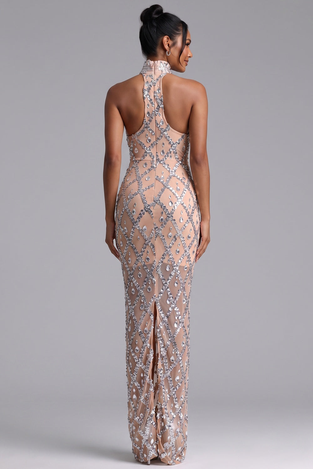 5247d930a2e5d33e SILVER CRYSTAL HALTER GOWN, FLOOR-LENGTH EVENING DRESS