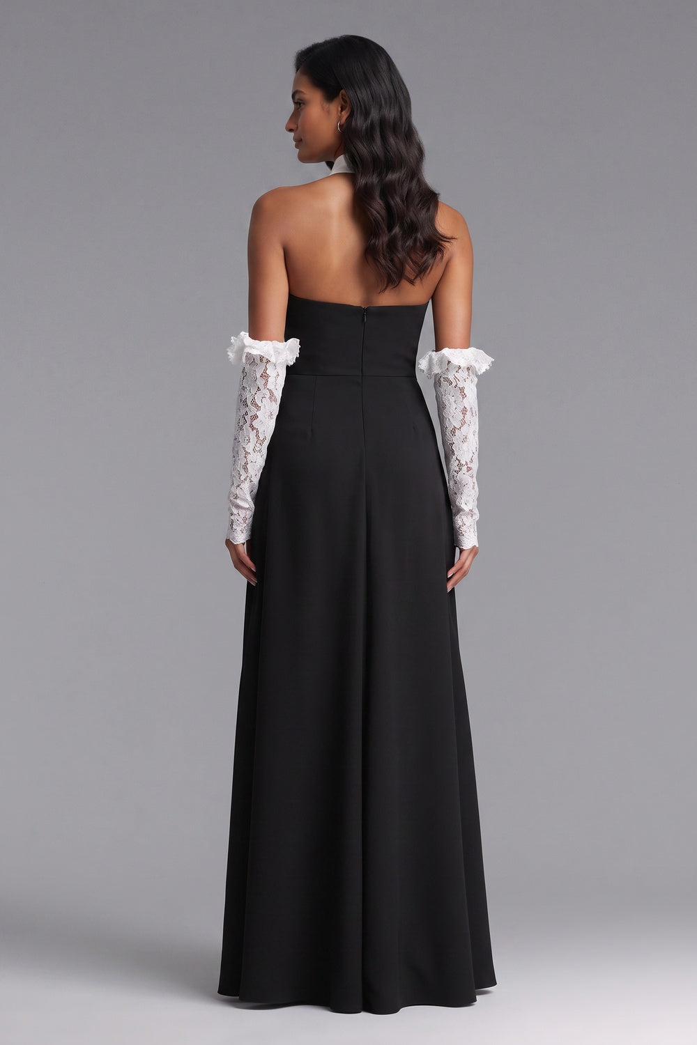 52508e1ded295432 BLACK CREPE A-LINE EVENING GOWN