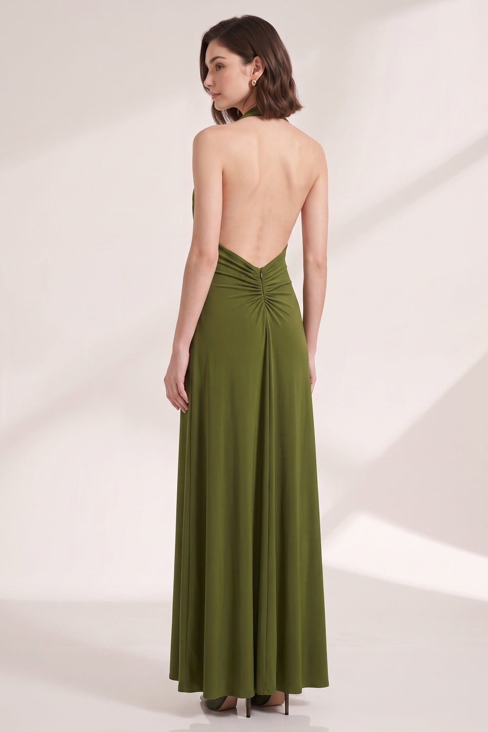 52623179f7887009 OLIVE GREEN FLUID COLUMN DRESS FOR EVENING