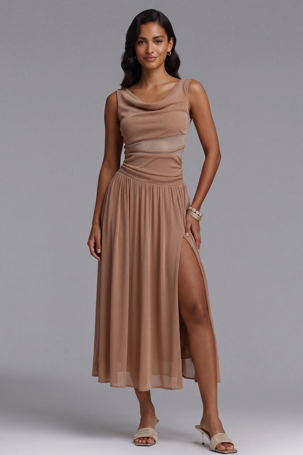 5272ecb45dd22c90 BEIGE FIT-AND-FLARE MIDI DRESS - LIGHTWEIGHT JERSEY