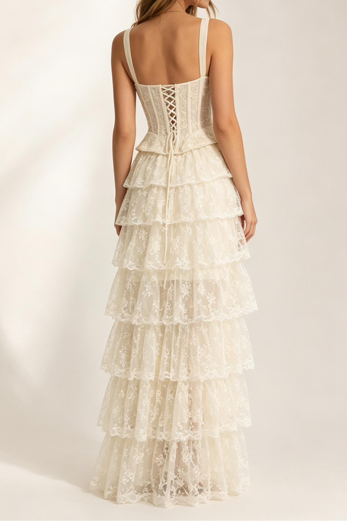 52_7c2ac2ad-189a-4bf9-9139-63a732a4412a IVORY LACE CORSET PEPLUM TOP & HIGH LOW SKIRT SET