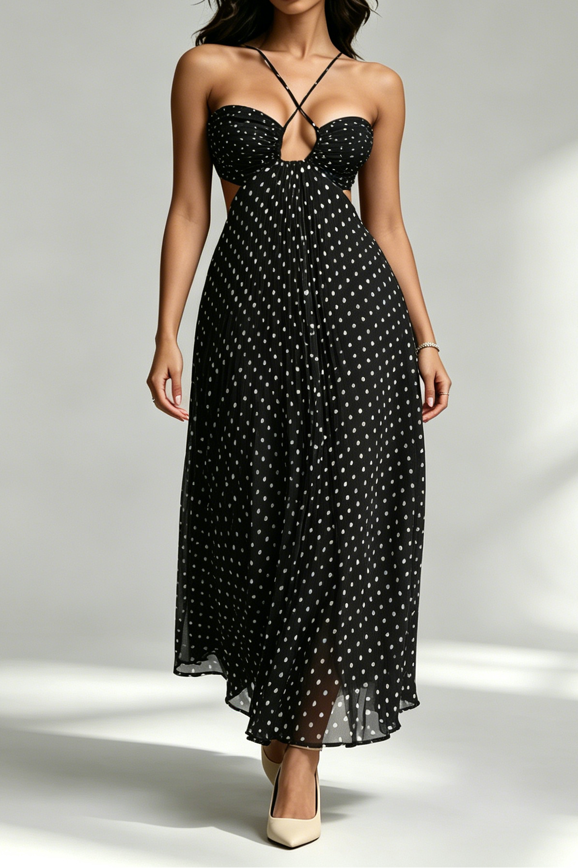 52_8a4cb4a5-274f-4240-868d-e9dfcc356d2e BLACK WHITE POLKA DOT CRISSCROSS STRAPPY CUTOUT PLEATED MIDI DRESS