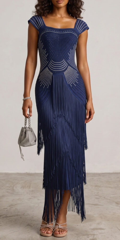 52be38da22eba7d6 SQUARE NECK CAP SLEEVE RHINESTONE FRINGE MIDI DRESS